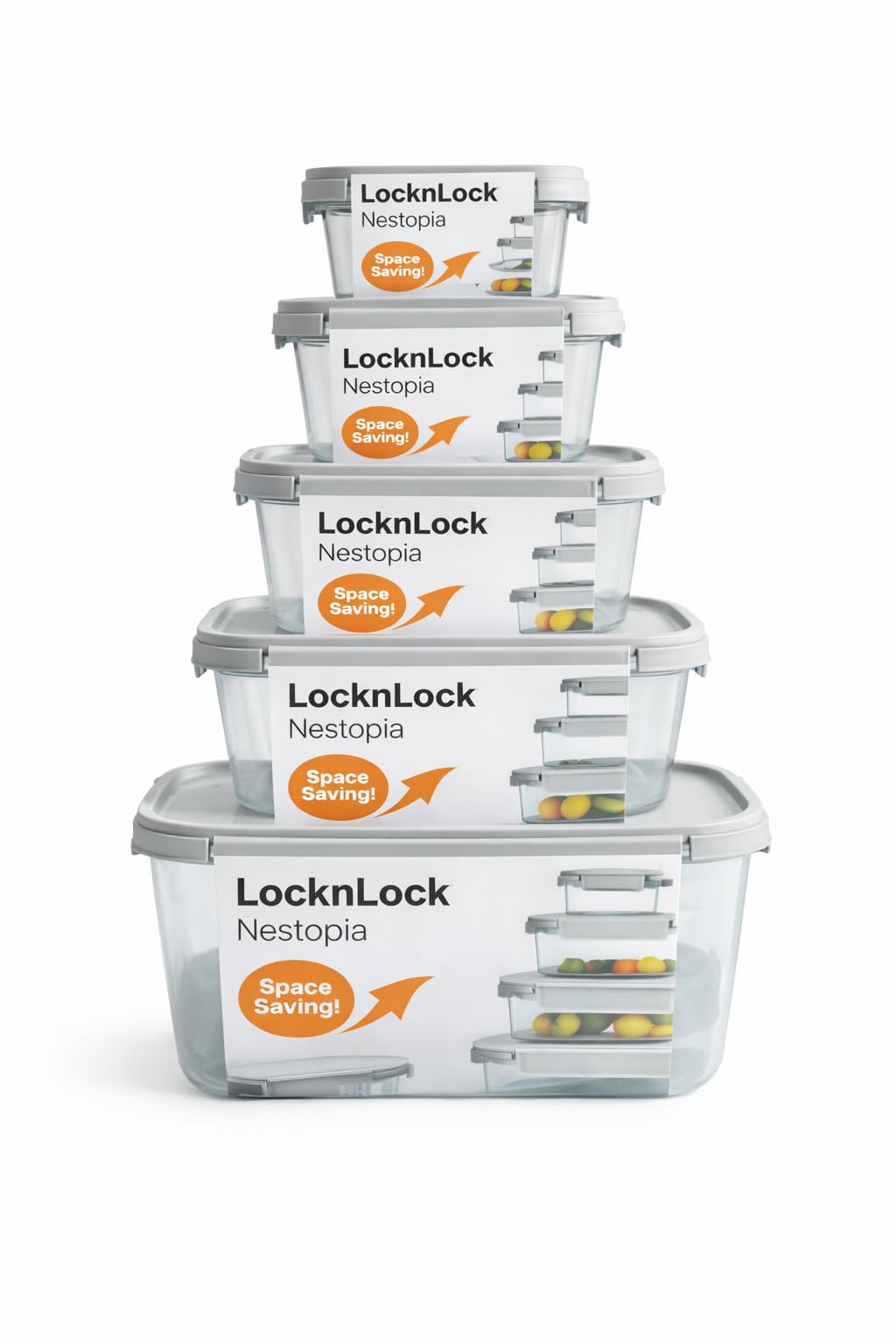 Lock & Lock Nestopia Airtight Food Storage Container Set Combo  230Ml, 500Ml, 920Ml, 1600Ml, 2700Ml (Set Of 5) With Lid, Leakpr