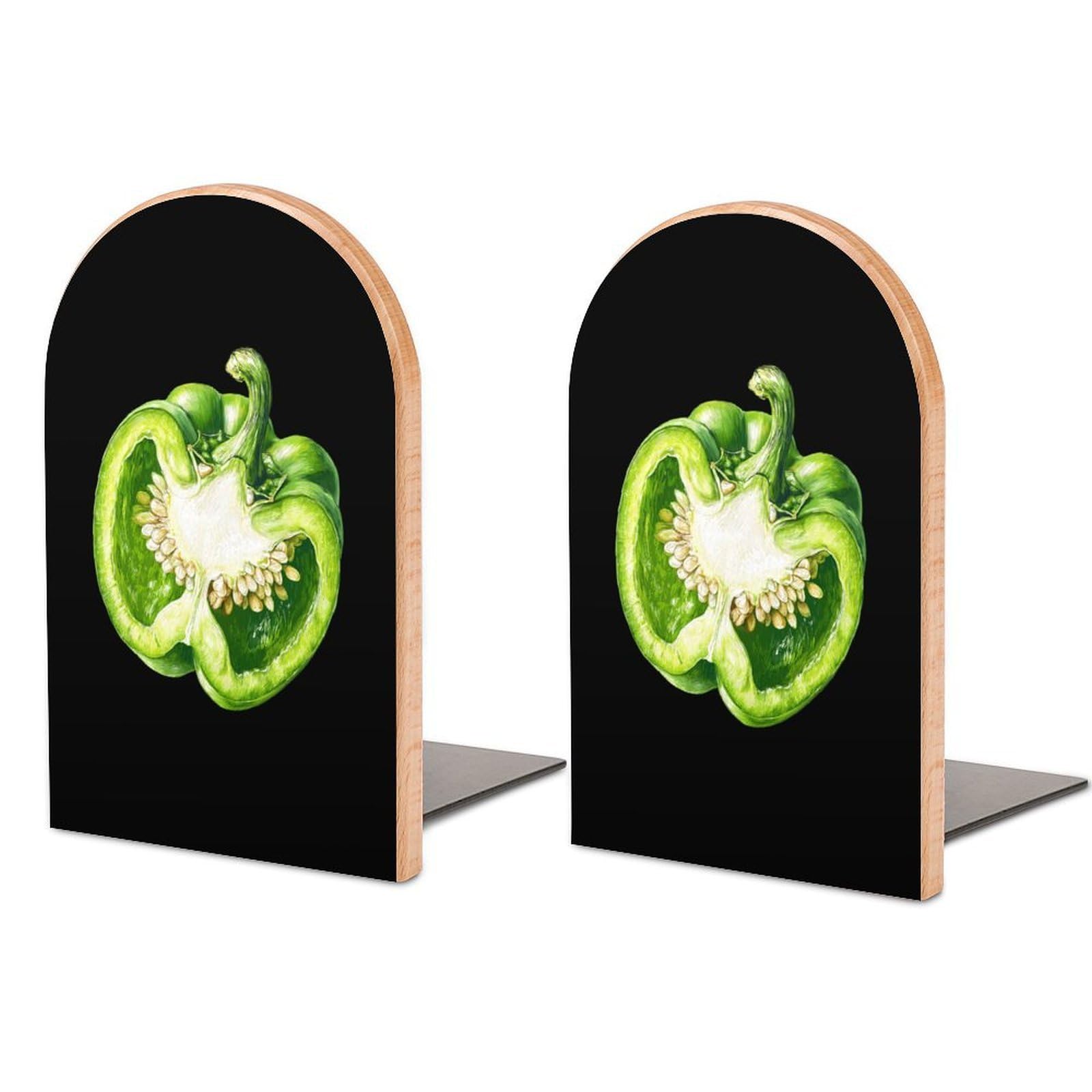 Green Bell Pepper Book Ends for Shelves Non-Slip Book Holder Wood Bookends Desk Decor