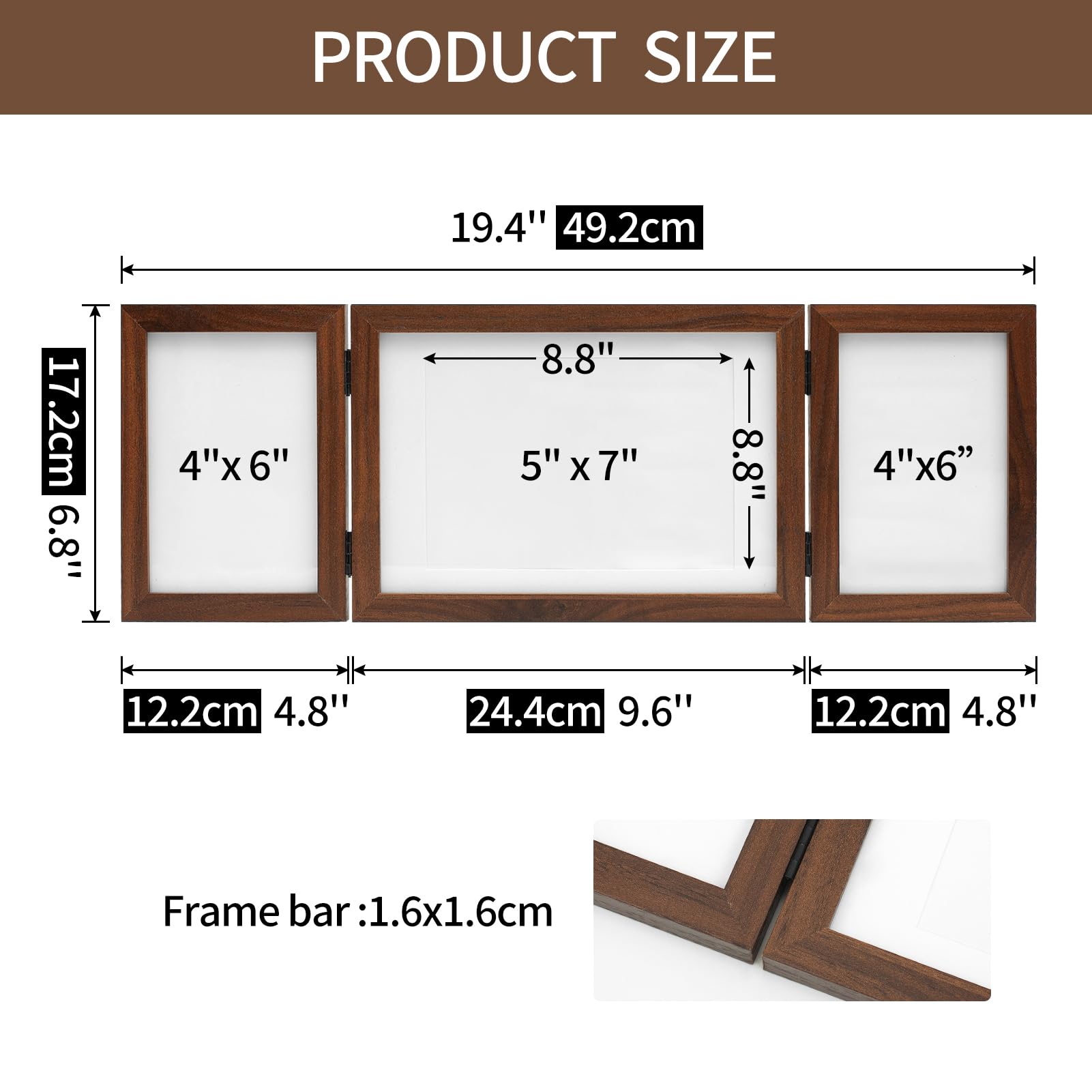 DECOCIAGA Hinged 3 Picture Frame 4x6 & 5x7 Folding Collage Photo Frames Multiple Wooden Desk Picture Frames with Mat for Office