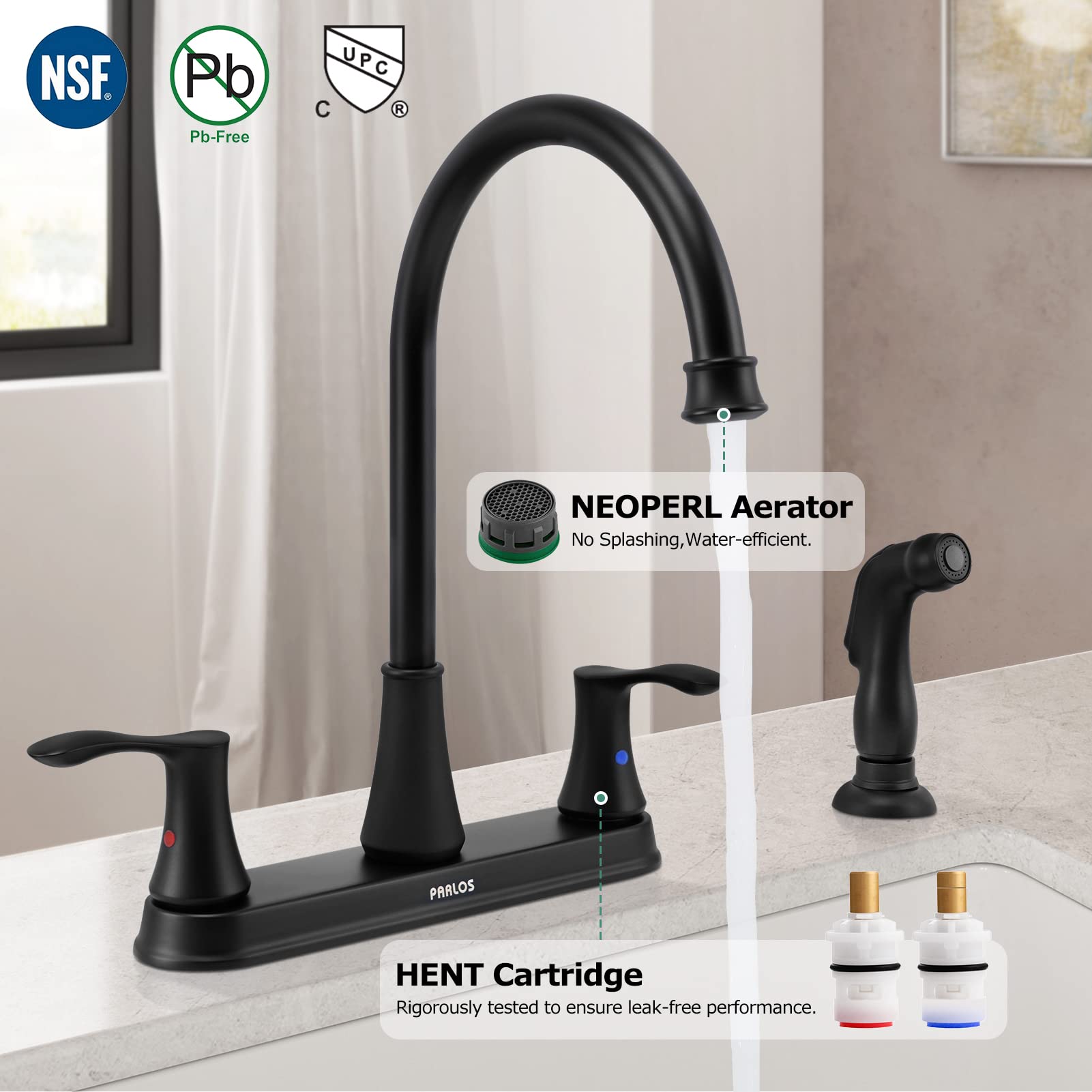 PARLOS 8 Inch Two Handles High Arch Kitchen Sink Faucet with Side Sprayer & Supply Lines  Brushed Nickel  Demeter 14138