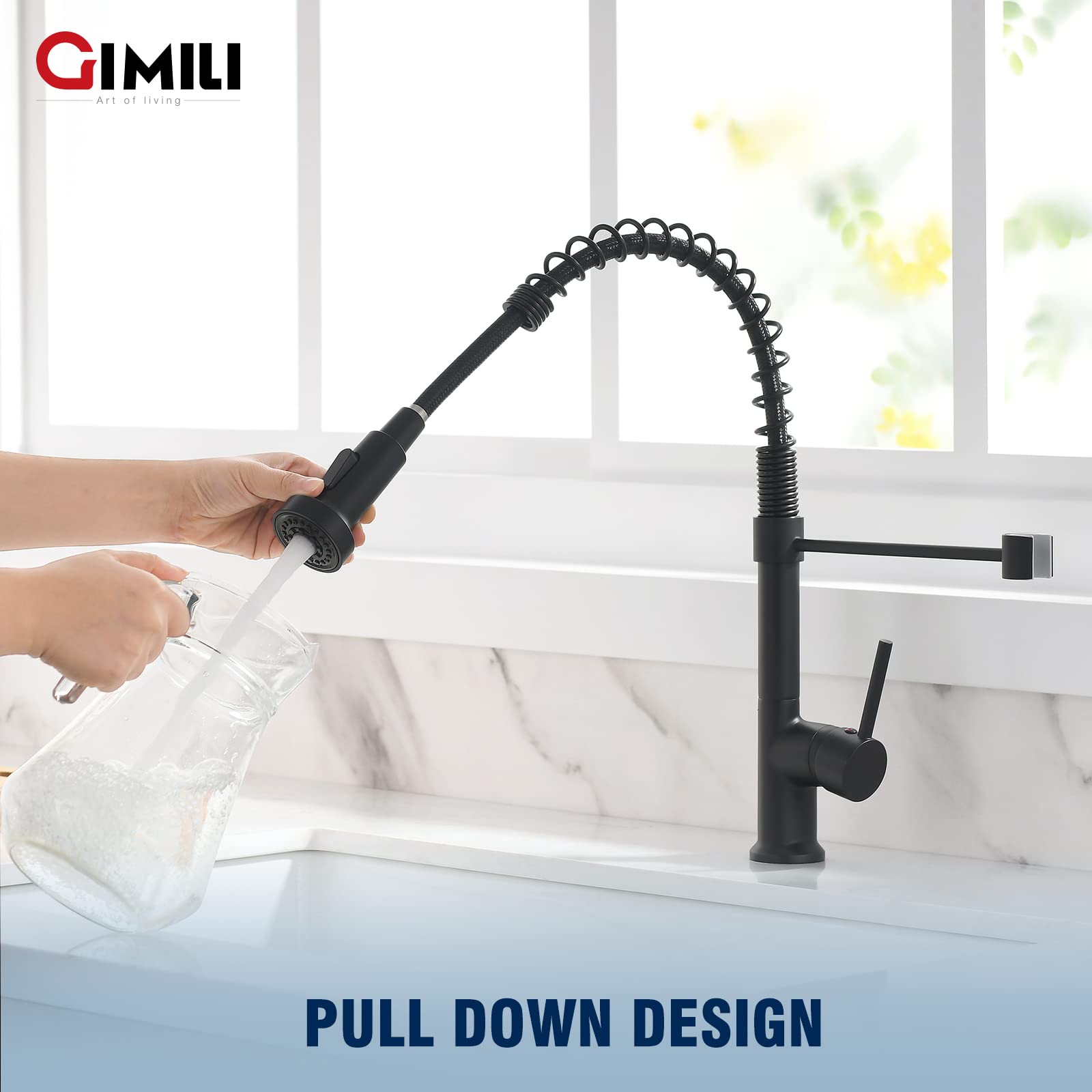 GIMILI Modern Kitchen Faucet with Pull Down Sprayer Commercial Single Handle Lever Spring Kitchen Sink Faucet Matte Black