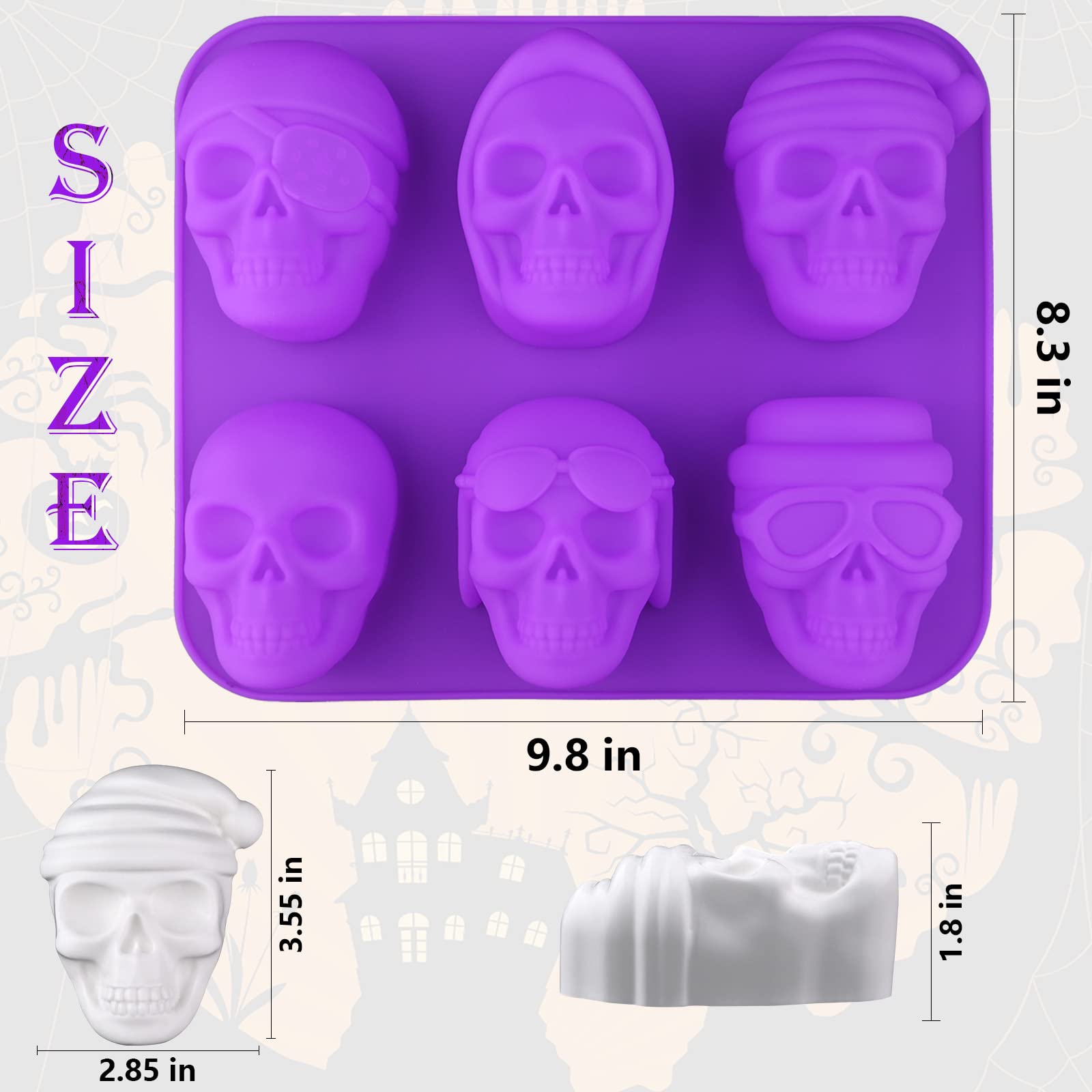 Sakolla Large Skull Cake Pan Silicone Molds, 2 Pack 6 Cavity Halloween Skull Cakeletchocolate Molds Candy Pizza Baking Molds Han