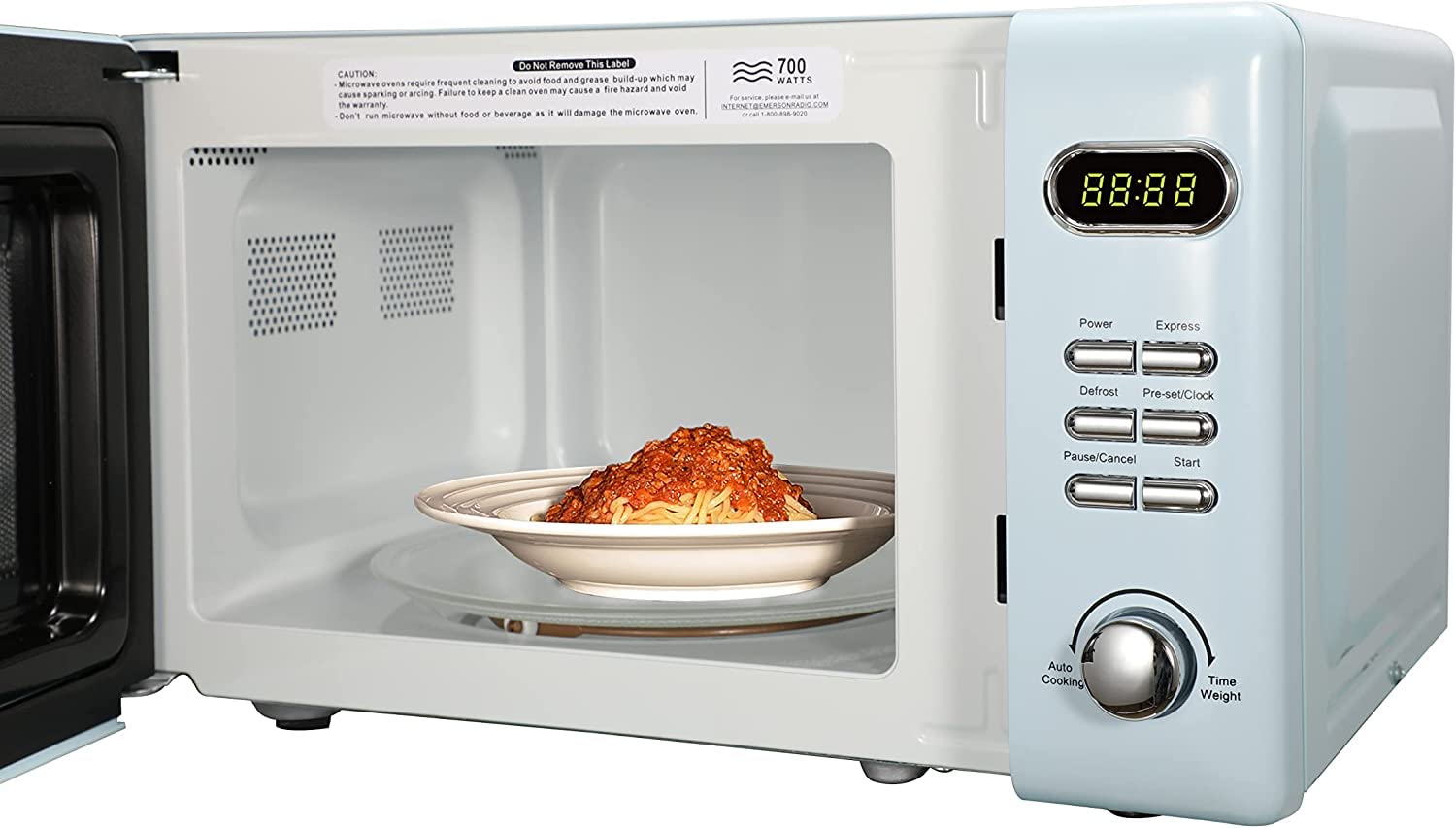 Emerson 7 Cu Ft Retro Digital Microwave Oven, 700W With 5 Micro Power Levels, 8 Pre-Programmed Settings, Express & Defrost, Chro