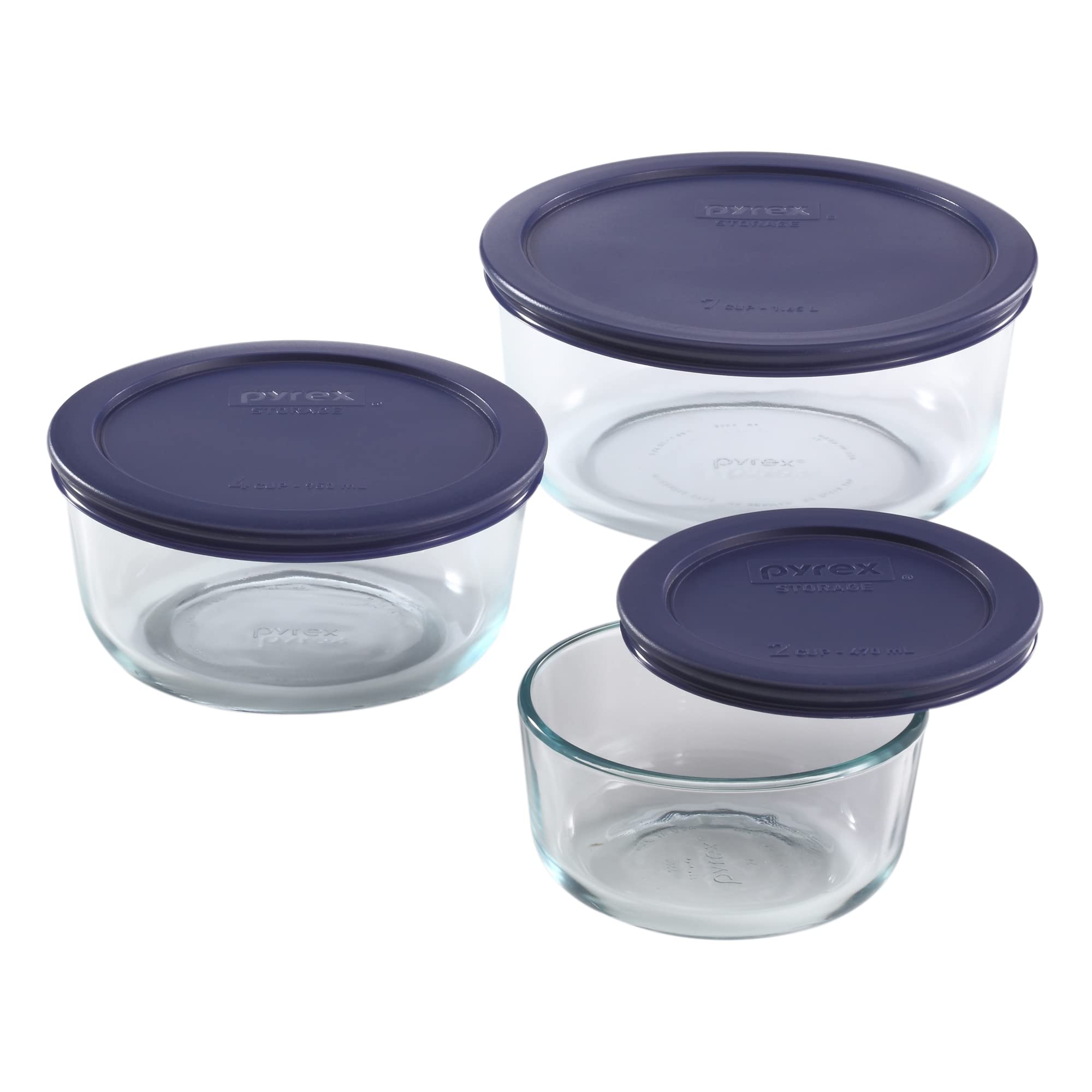 Pyrex Simply Store 3-Pack (2, 4 & 7 Cup) Large Round Glass Food Storage Set With Bpa-Free Lids, Dishwasher, Microwave & Freezer