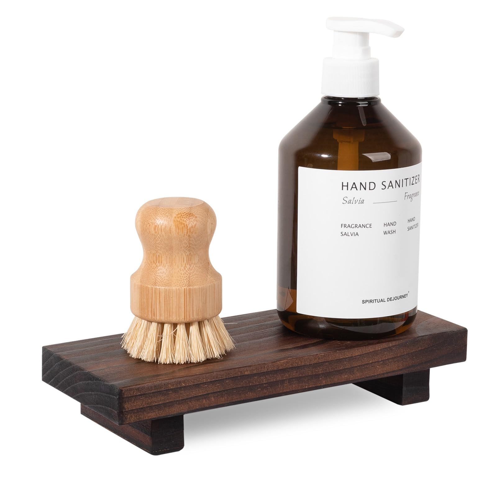 Bathroom Counter Organizer Wood Pedestal Stand Farmhouse Decorative Tray Soap Holder For Kitchen Decor, Small, Dark Brown