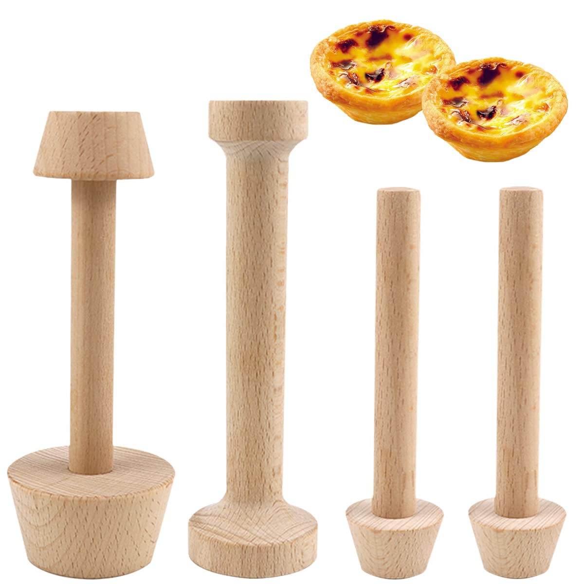 DOERDO 4Pieces Wooden Tart Tamper Set Double-Side Egg Tarts Tamper Pastry Tools DIY Cake Pastry Tool for Mini Egg Tart Cheesecak