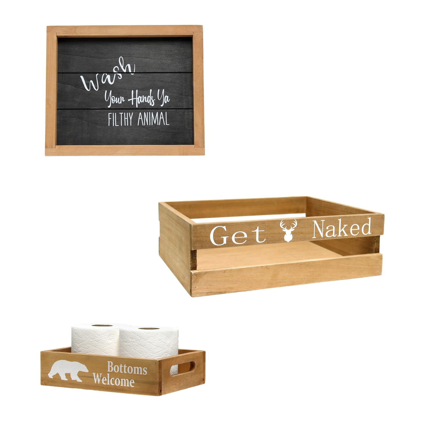 Elegant Designs HG3100-NCL Three Piece Decorative Wood Bathroom Set Natural White Animal Black Bear Rustic Cabin Deer Buck Towel
