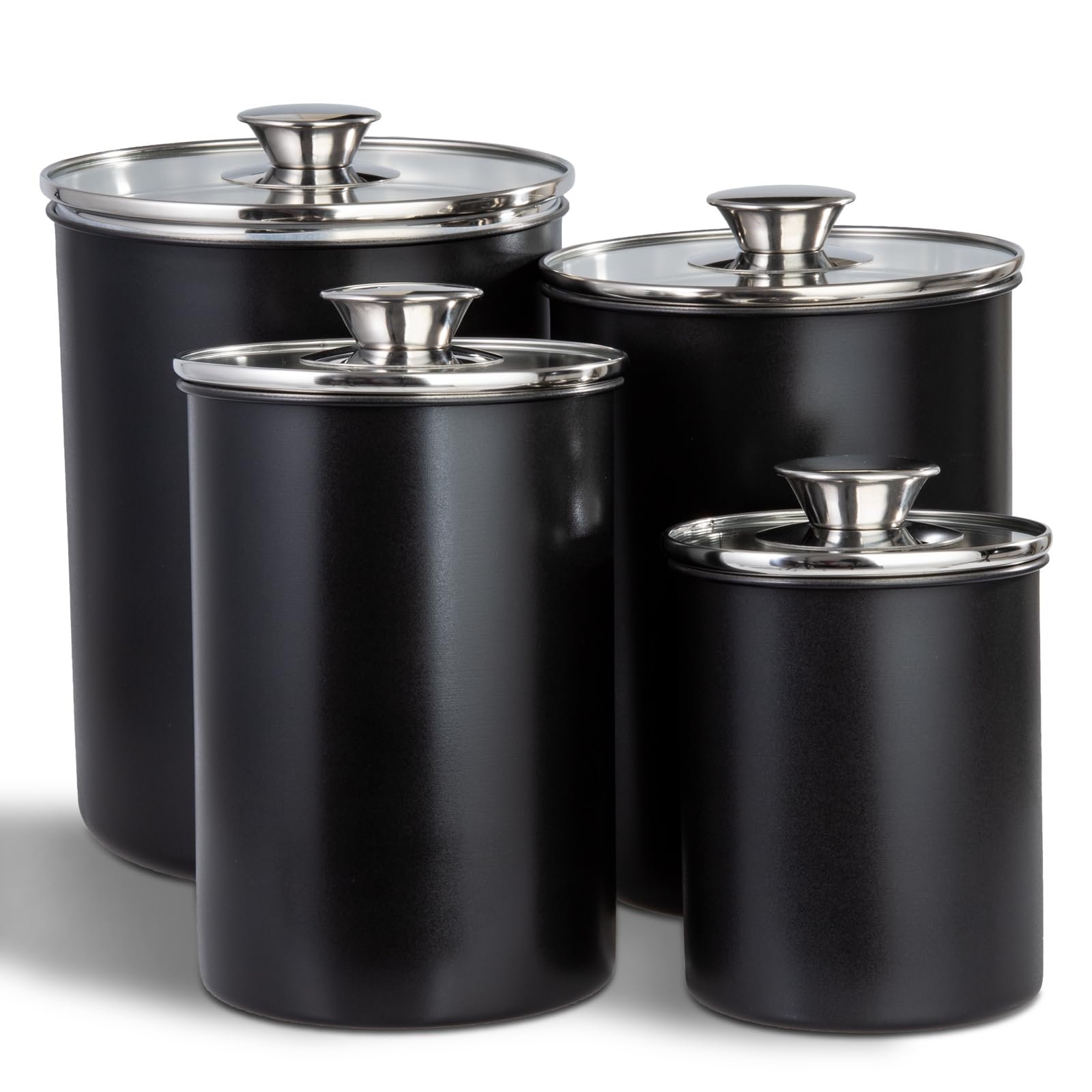 Malmo Stainless Steel Food Canister Set Of 4-Piece, 40.5/71/98/132 Ounces Airtight Containers With Glass Lid For Tea Coffeesugar