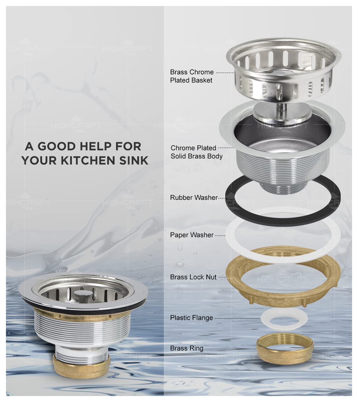 Highcraft 9735 Heavy Duty Kitchen Sink (3-1/2 Inch) Stainless Steel Drain Assembly With Strainer Basket Kohler Style Stopper, 1.