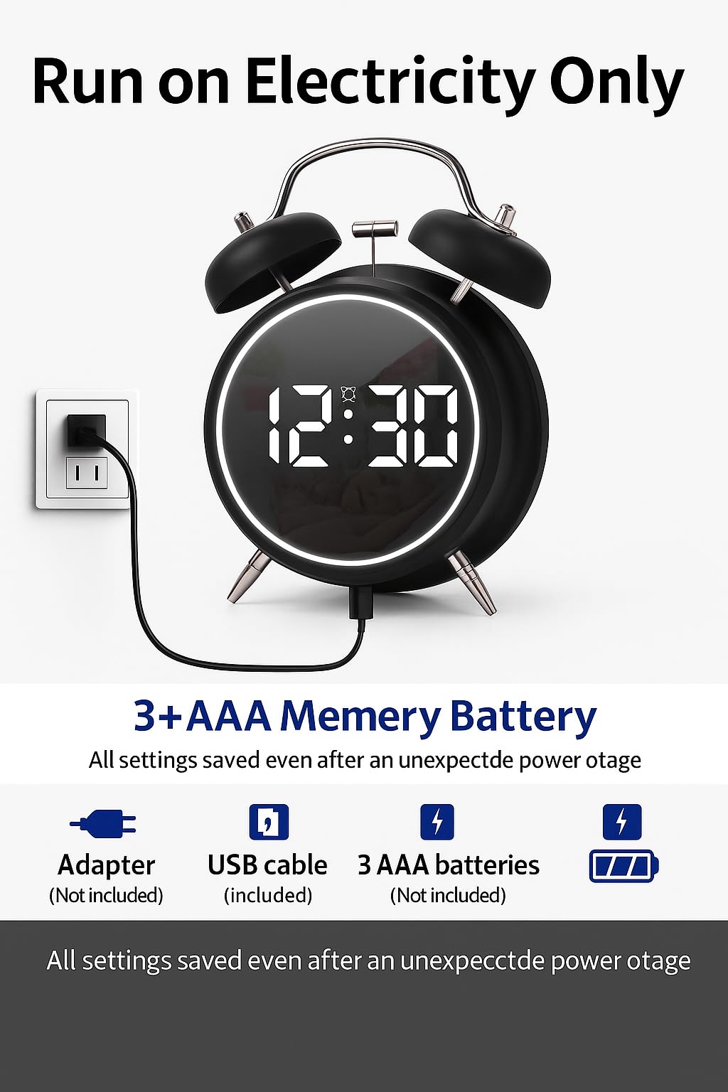 Aerys 4.5-Inch Digital Alarm Clock, Double Bell Led Silent Metal Clock With Night Light, Loud Bedside Alarm For Heavy Sleepers,