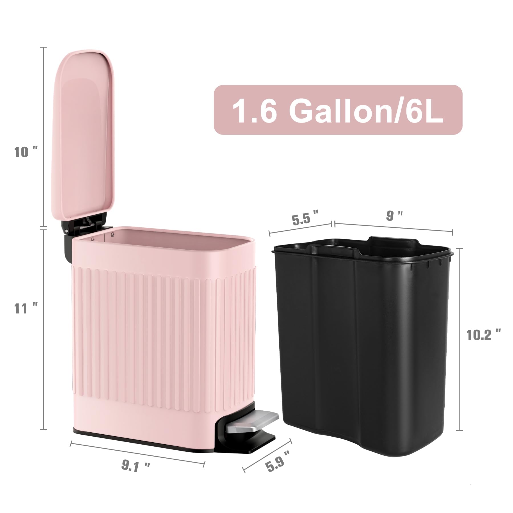 Trashaid Pink Bathroom Trash Can, 1.6 Gallon Stainless Steel Small Garbage Can With Lid, Step Pedal, Cute Wastebasket For Bathro