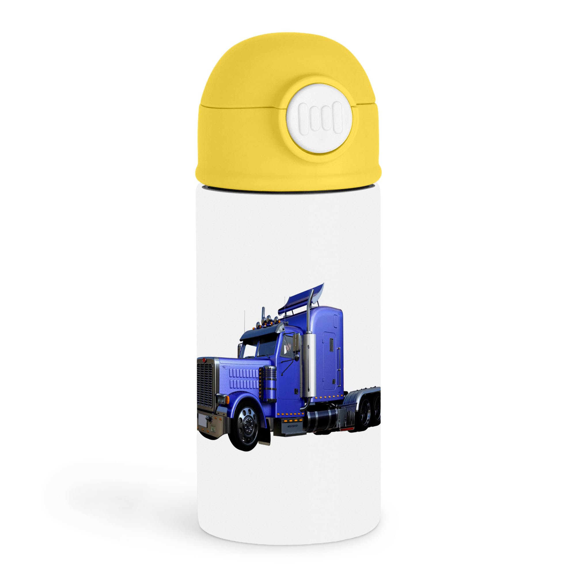 Empowering Truck Enthusiast 12oz Kids Yellow Bottle  Metallic blue semi truck in three quarter view  School, Travel