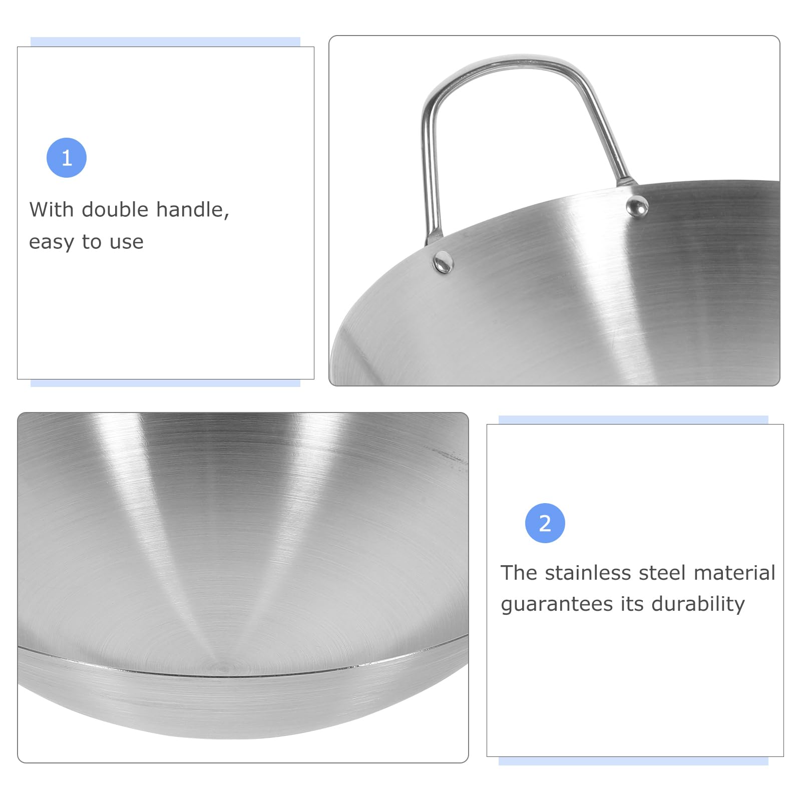 Bestonzon 10 Inch Stainless Steel Wok, Dual Handled Wok Round Bottom Wok Traditional Style Frying Pan Cooking Pot For Kitchen Re