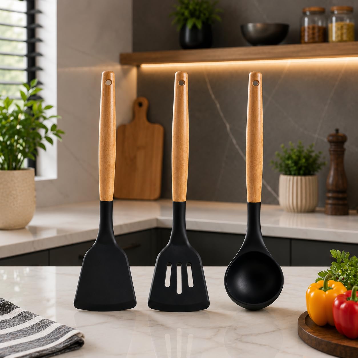 Silicone Kitchen Utensil Set With Wooden Handle, 3 Pcs