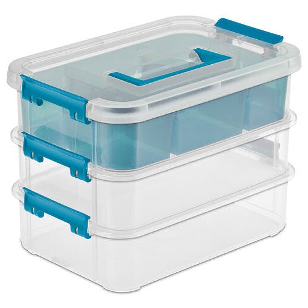 Kesi Ornaments Plastic 3Tiers Storage Box With 1 Divided Tray, Transparent Stackable Storage Bin With Handle Lid Latching Stora