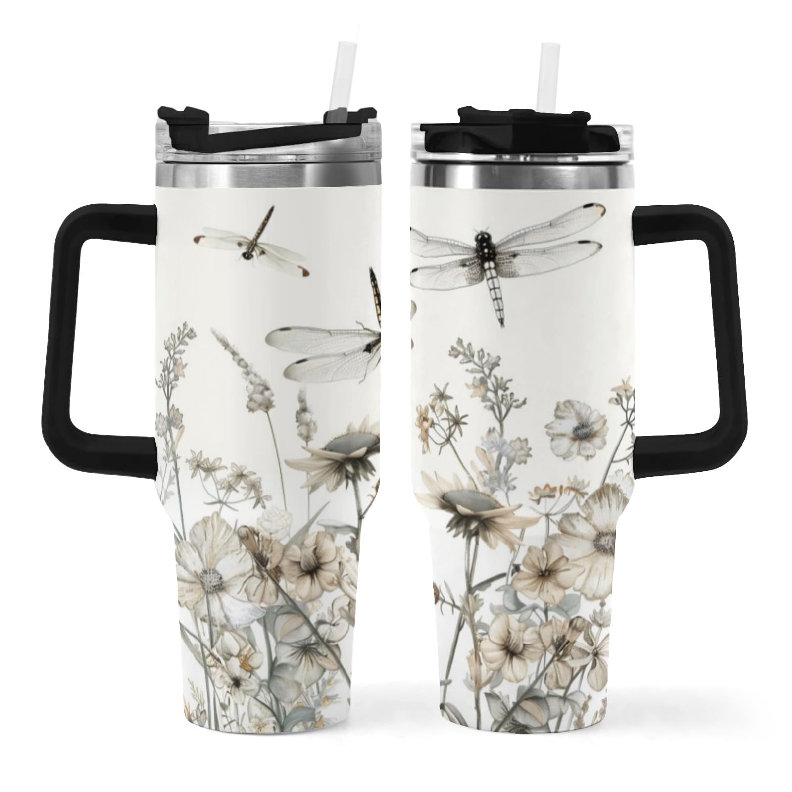 XMDZH Dragonfly Tumbler with Lid And Straw 40oz Dragonfly and Wildflower Stainless Steel Cup Insulated, Women Gifts Large Capaci