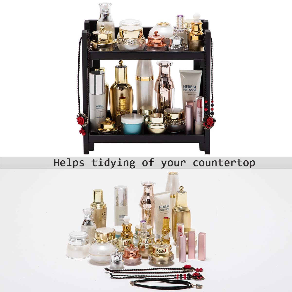Gobam Cosmetic Organizer Multi-Function Vanity Makeup Organizer Holder For Bathroom, Assemble Easily No Screws, Black Bamboo