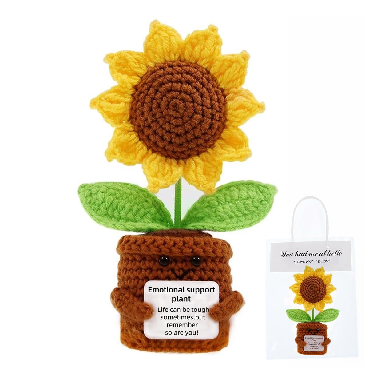 YiQiYi Positive Crochet Sunflower with Card Artical Flowers Emotional Support Plush Plant Crochet Sunflowers Home Office Desk Ca