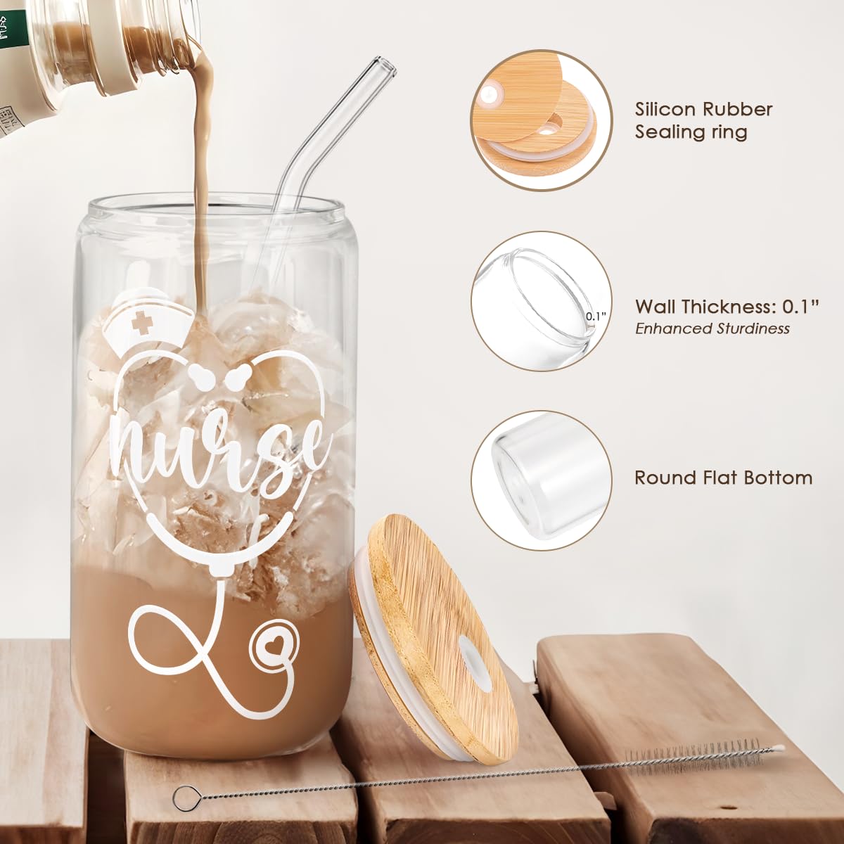 SANDJEST Nurse Glass Can, Nutrition Facts Cup with Lid & Straw, Iced Coffee Aesthetic Cups, Idea Gift for Christmas Birthday Nur