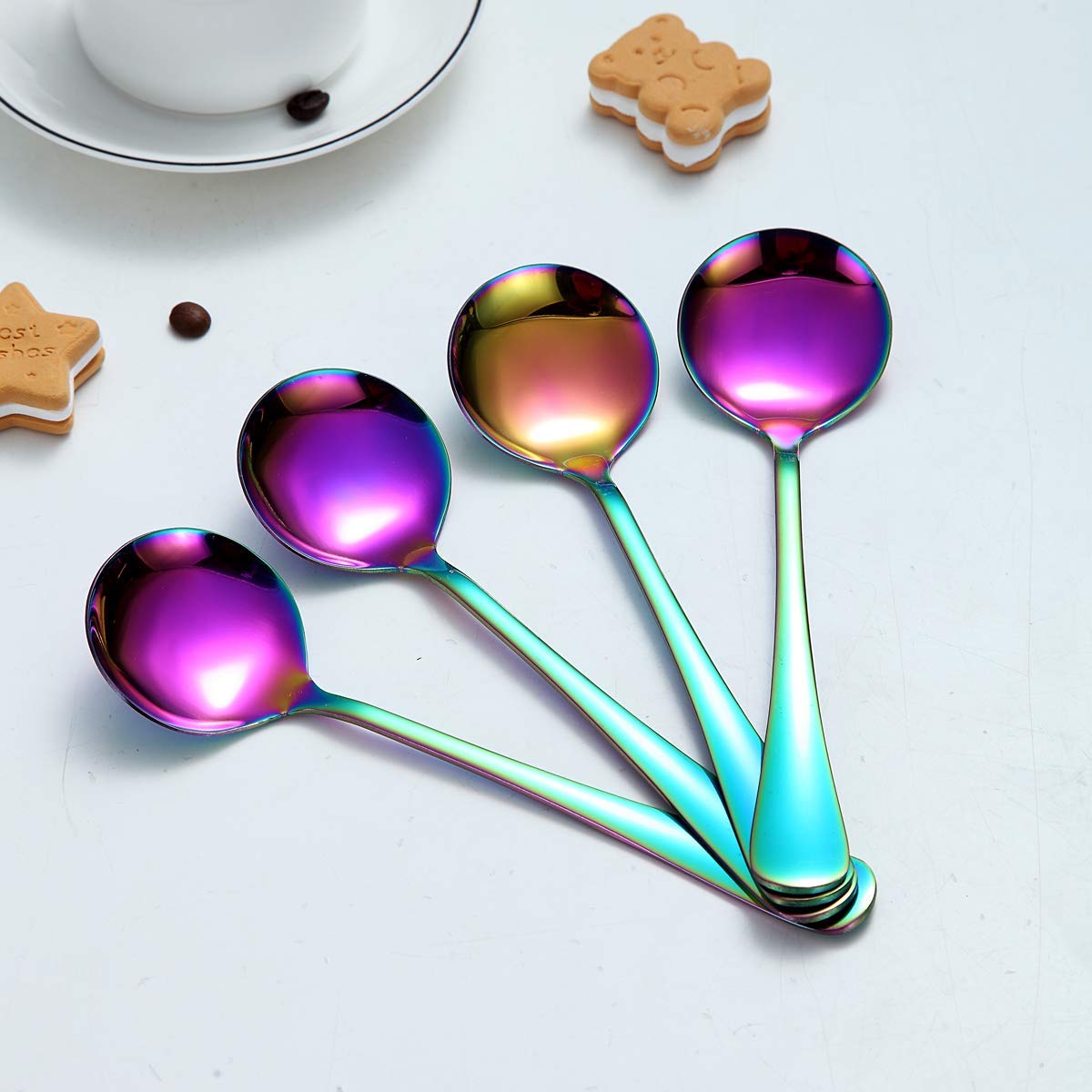 Rainbow Soup Spoon Of 4, Berglander 7.5'' Stainless Steel Titanium Plating Shiny Mutilcolor Round Spoons Silverware, Colorful Ta