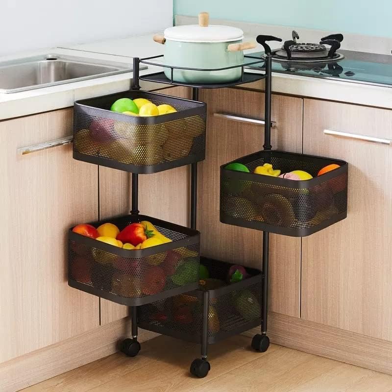 Privesh Metal 4 Layer Kitchen Rotating Trolley Portable Storage Rack Square Design Fruits & Vegetable Onion Cutlery, Spice, Jars