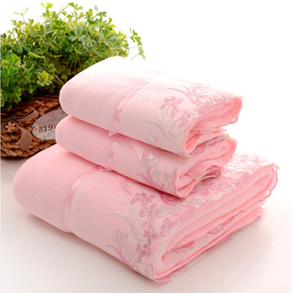 USTIDE 3 Pieces Pink Lace Bath Towels Set, Velvet Bath Towel Hand Towels Set (1 Bath Towel+2 Hand Towels)