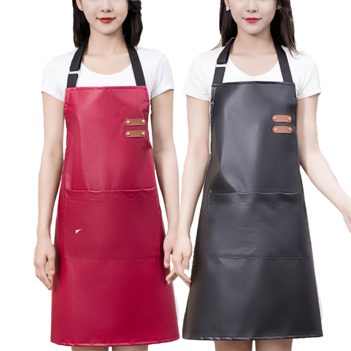 Gembityful Waterproof Apron 2 Pack Large Pocket Pu Material Waterproof Oil-Proof And Dust-Proof Apron Black And Red