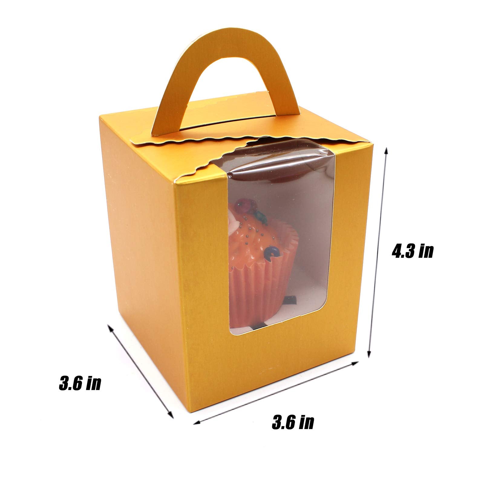 50 Pcs Gold Paper Cupcakes Boxes,Portable Single Individual Cupcake Gift Boxes With Window Inserts Handle For Wedding Candy Boxe