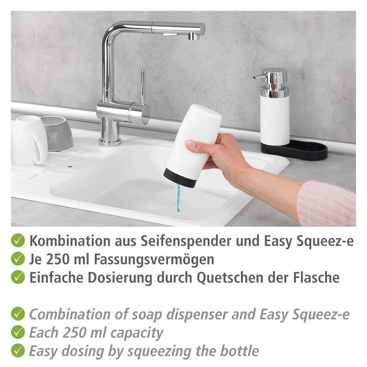 Wenko Dish Soap Dispenser Station For Kitchen Sink, Squeeze Bottle For Washing Up Liquid And Hand Soap, Round Refillable Plastic