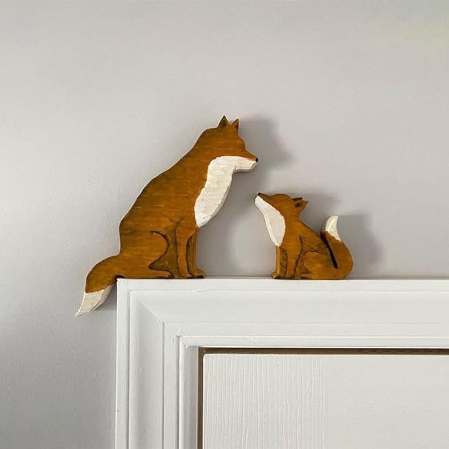 Mama And Baby Fox Door Topper Adorable Fox Shape Statue Door Corner Sculpture For Handcrafted Wood Decor Sign, Creative Wooden A