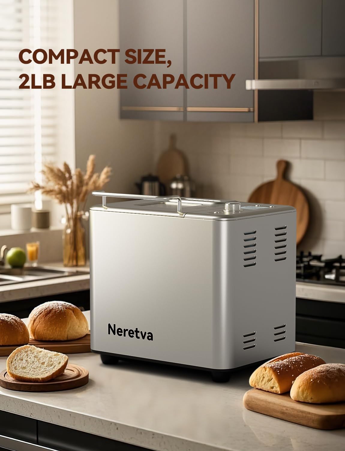 Neretva Bread Maker, [20-In-1 & Dual Heater & 2Lb]Smallest Size Bread Machine Nonstick Ceramic Pan Bread Maker Machines All Meta