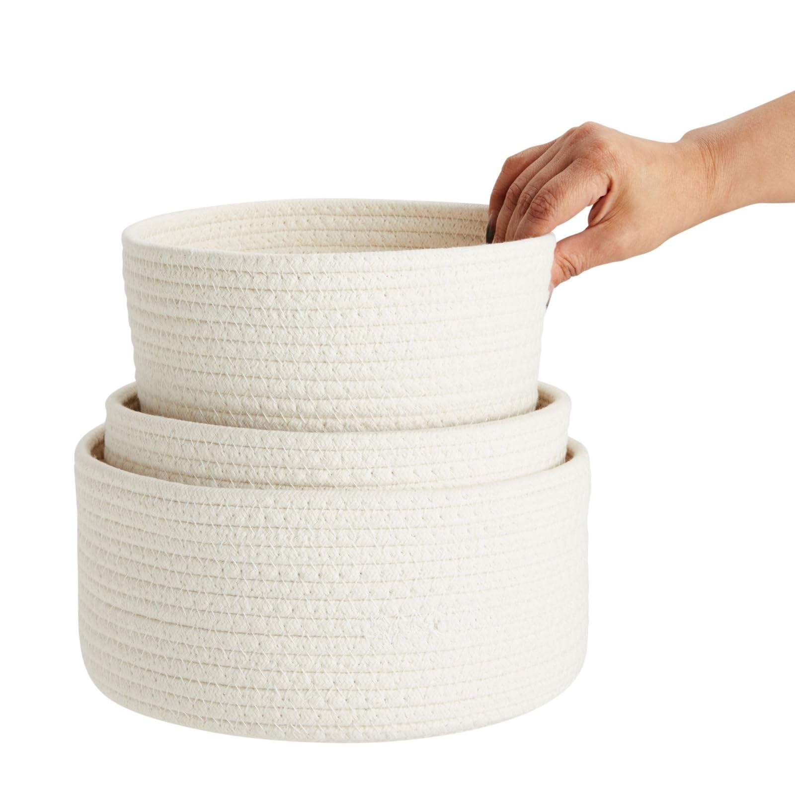 Farmlyn Creek 3 Pack Woven Baskets For Storage, Small Round Cotton Rope Organizing Bins (3 Sizes, White)