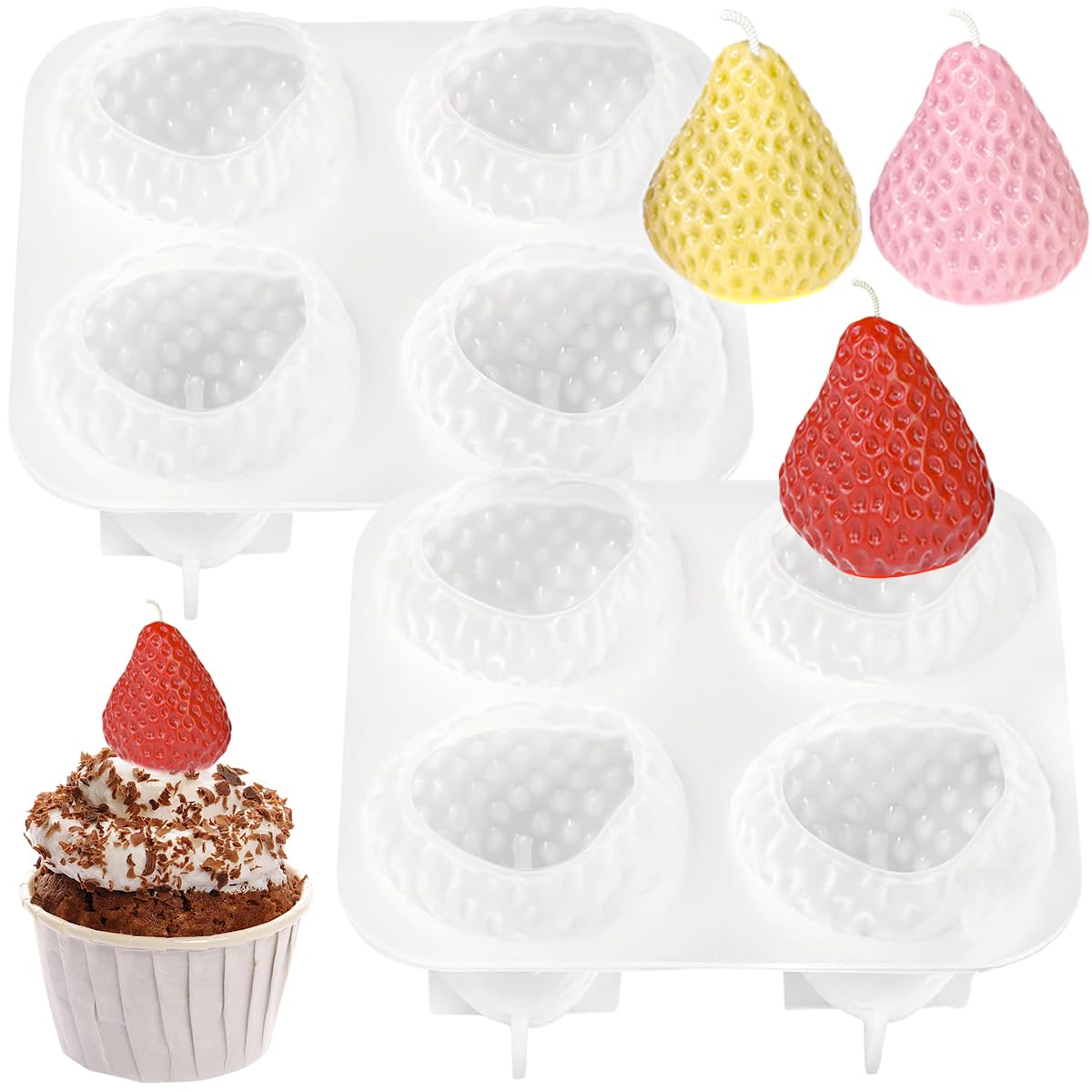 2 Set 4 Cavity 3D Strawberry Chocolate Mold Fruit Resin Molds Scented Candle Making Molds Strawberry Silicone Mold for Baking De