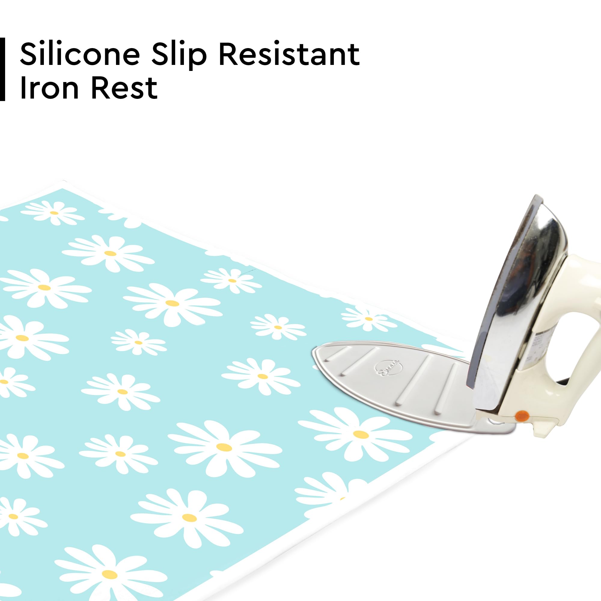 Encasa Homes Ironing Mat/Pad (Large 47 x 28 inch) with 3mm Padding & Silicone Iron Rest for Steam Pressing on Tabletop or Bed - Heat Resistant  Portable  Quilting & Travel Blanket - Daisy Blue