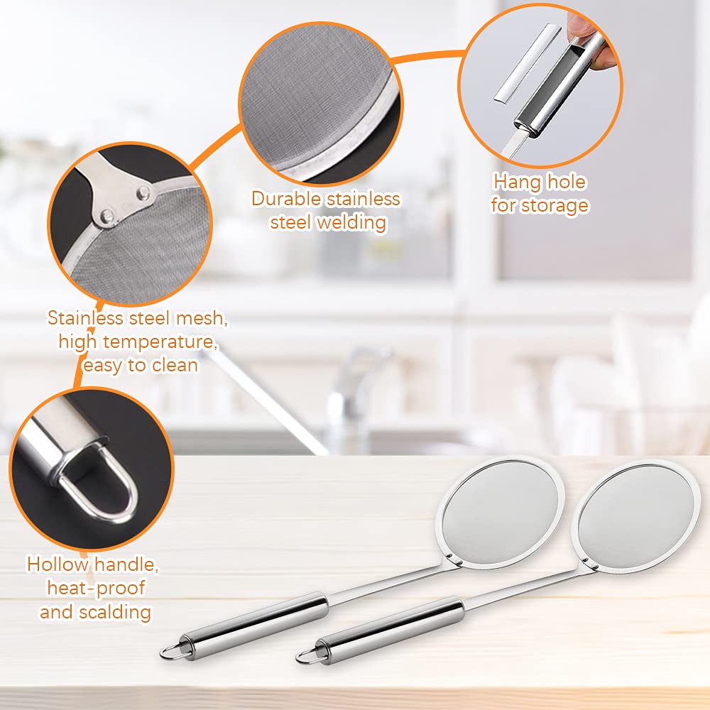 Reton 2 Pcs Hot Pot Fat Skimmer Spoon, 304 Stainless Steel Fine Mesh Strainer With Long Handle, Small Fine Mesh Food Strainer Fo