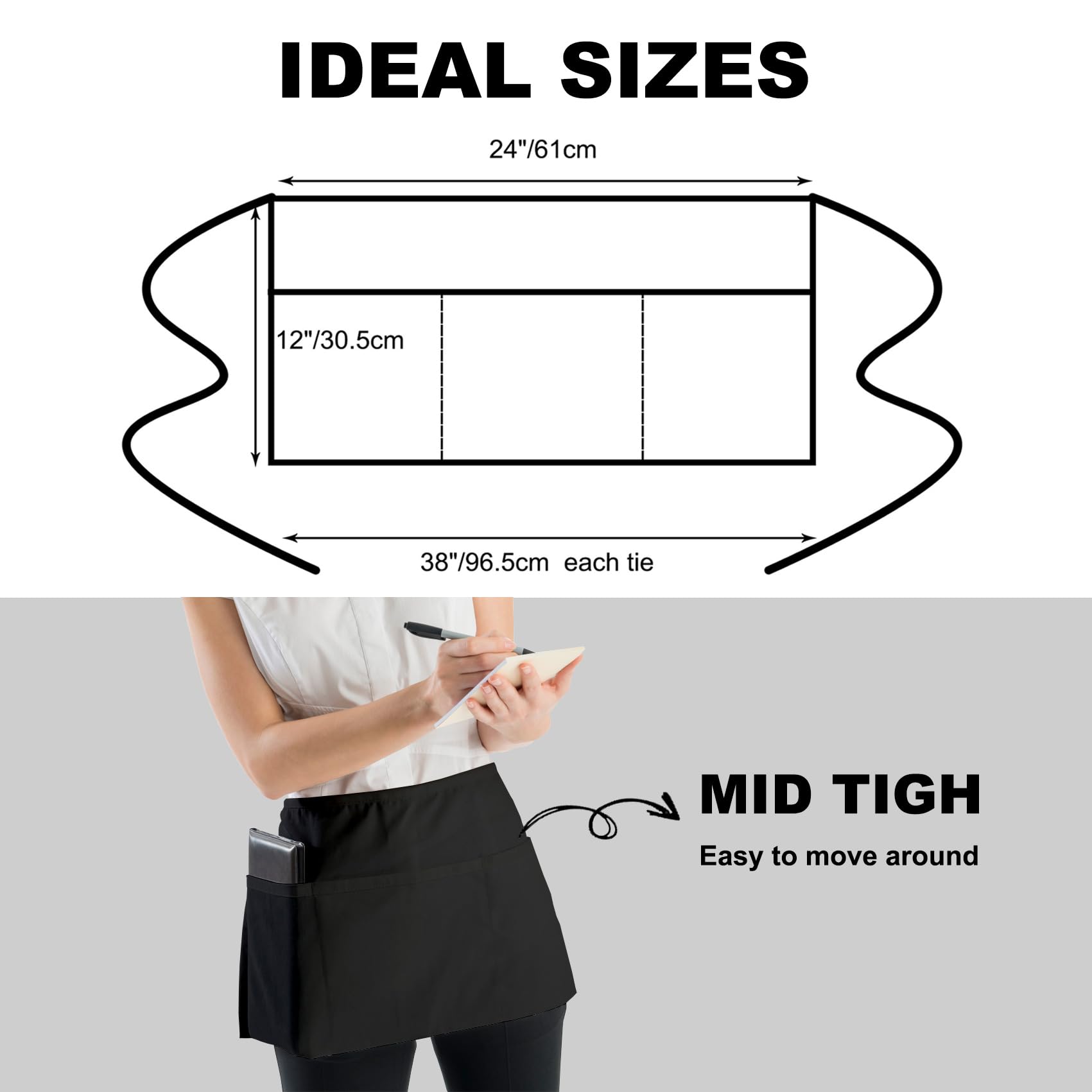 Ploymono Waist Apron With 3 Pockets, 1 Pack Spun Polyester Half Server Apron For Women&Men, Half-Length Short Apron Long Waist S