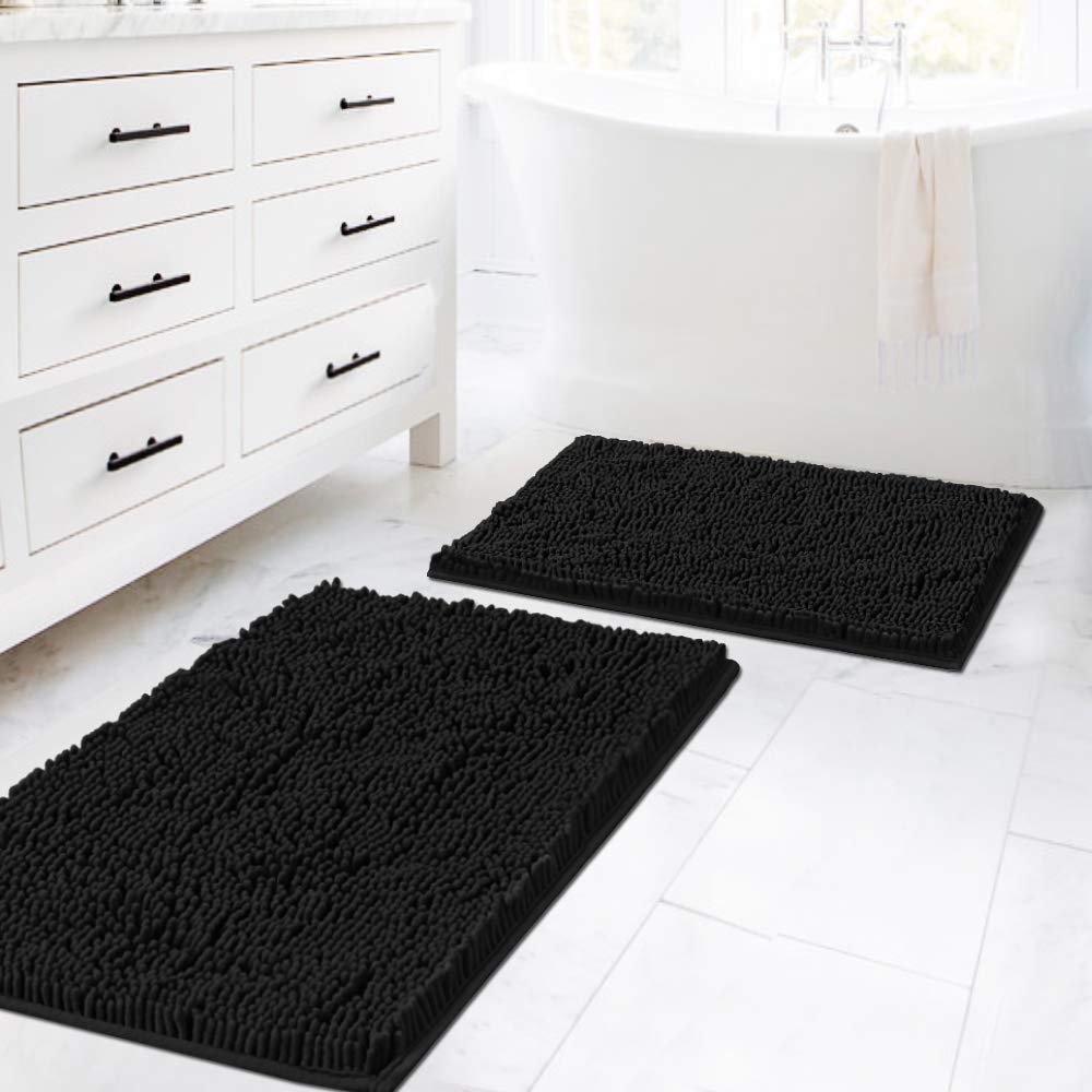 H.Versailtex Black Bathroom Rug Set 2 Piece, Bath Mats For Bathroom Floor, Super Thick Soft Shaggy Chenille Bath Mats Machine Wa