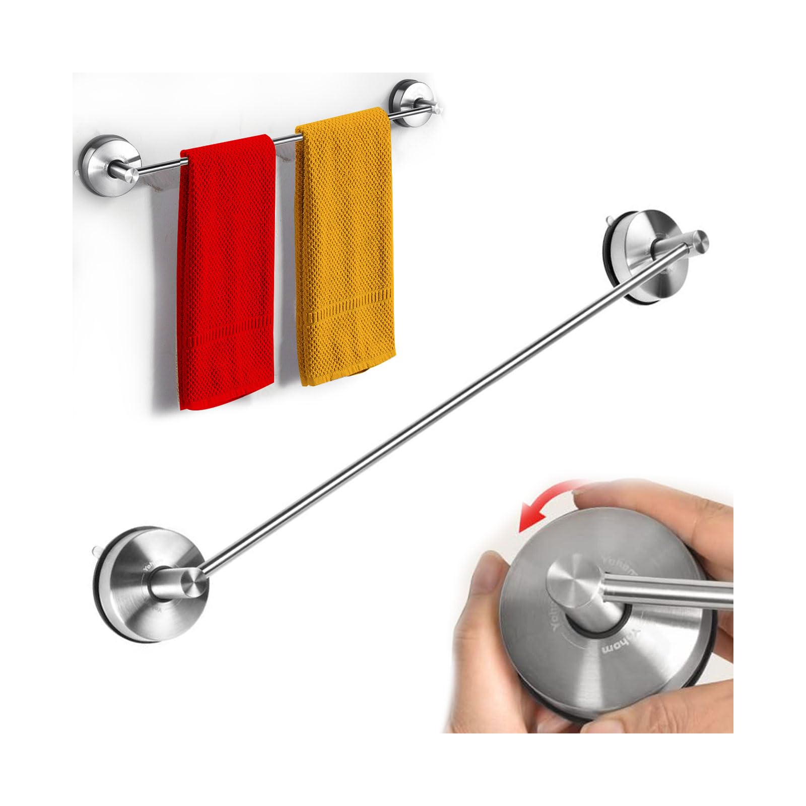 Yohom Suction Cup Towel Bar For Shower 22 Inch Stainless Steel Bathroom Hand Towel Holder Suction Washcloth Holder Kitchen Towel