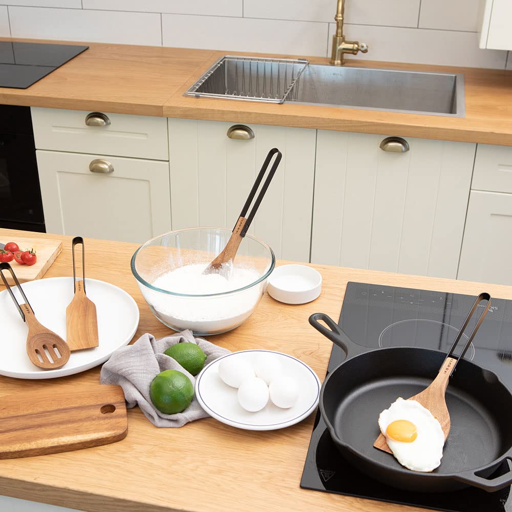 Wooden Utensils For Cooking For Kitchen Acacia Wood, Beautiful Modern Design, Rustic Wood Heads And Stainless-Steel Handles, Scr