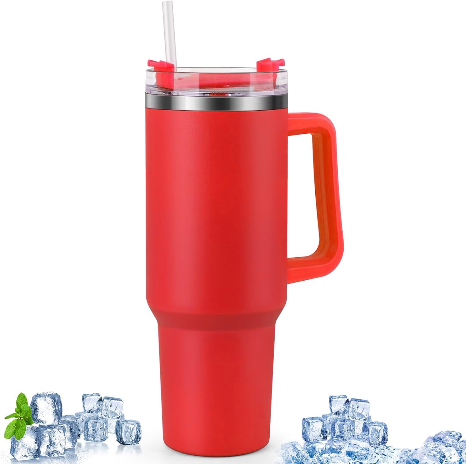 Tumbler With Handle Stainless Steel Insulated Tumbler With Lid And Straw For Water Or Ice Coffee, Oasis (Cherry Red)