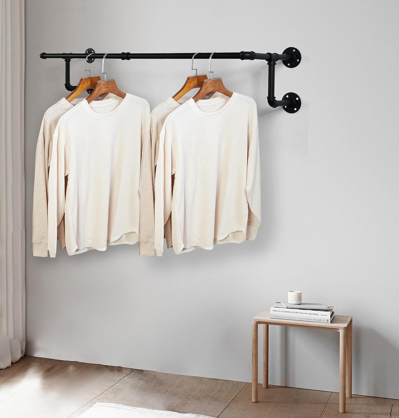 Clothes Rack, Industrial Wall Pipe Clothing Rack For Hanging Clothes, Wall Mounted Heavy Duty Space Saving Garment Rack, Multi-P