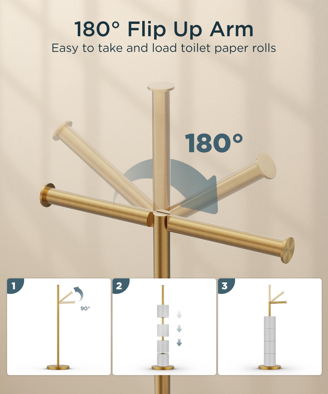 FORIOUS Modern Toilet Paper Holder Stand, Freestanding SUS 304 Stainless Steel, Weighted Base, Storage for 4 Rolls, Brushed Gold