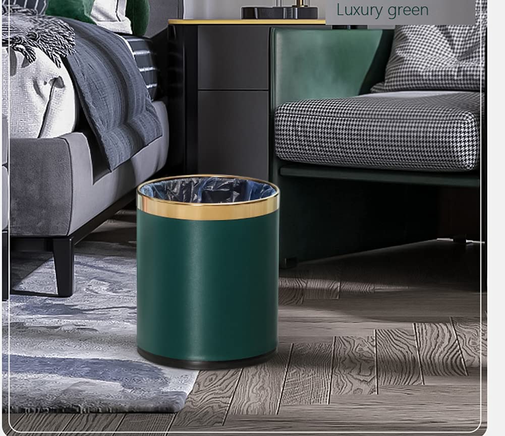 Luxury Metal Waste Bin 10L, Double Layer Trash Can Pu Leather Covered Round Wastebasket Dust Bins For Kitchen Bathroom Hotel Off