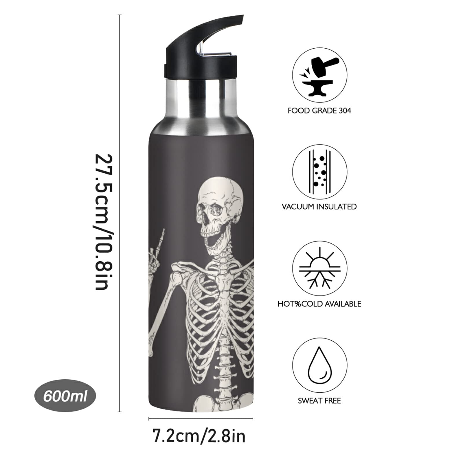C.Iopmnu Funny Skull Water Bottle With Straw Lid, Funny Skeleton 20 Oz Stainless Steel Insulated Keeps Hot And Cold Bottle, Leak