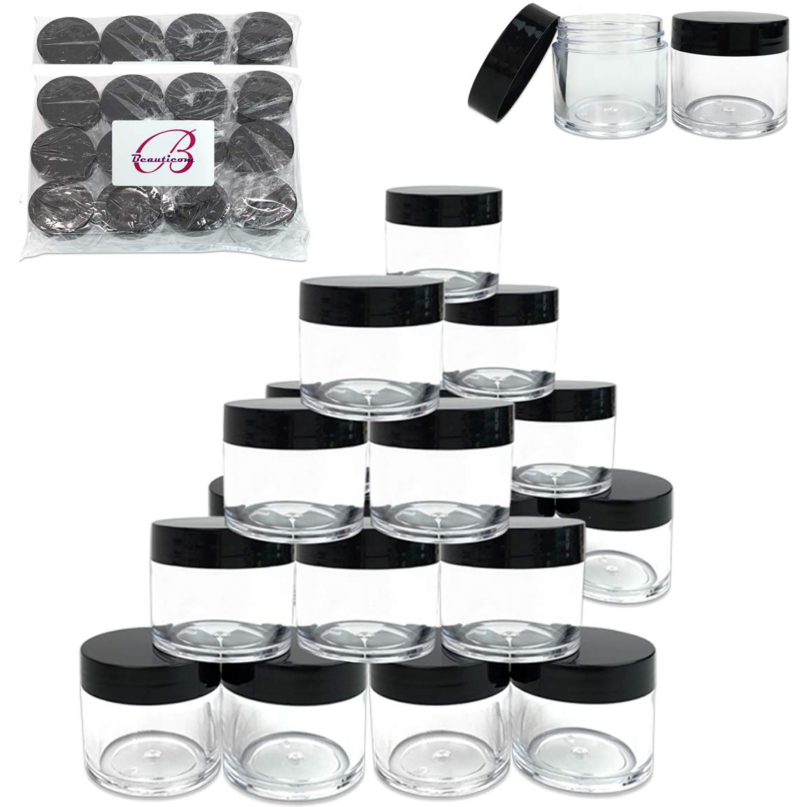 (Quantity: 30 Pieces) Beauticom 30G/30Ml (1 Oz) Round Clear Jars With Black Flat Top Lids For Beads, Gems, Glitter, Charms, Smal