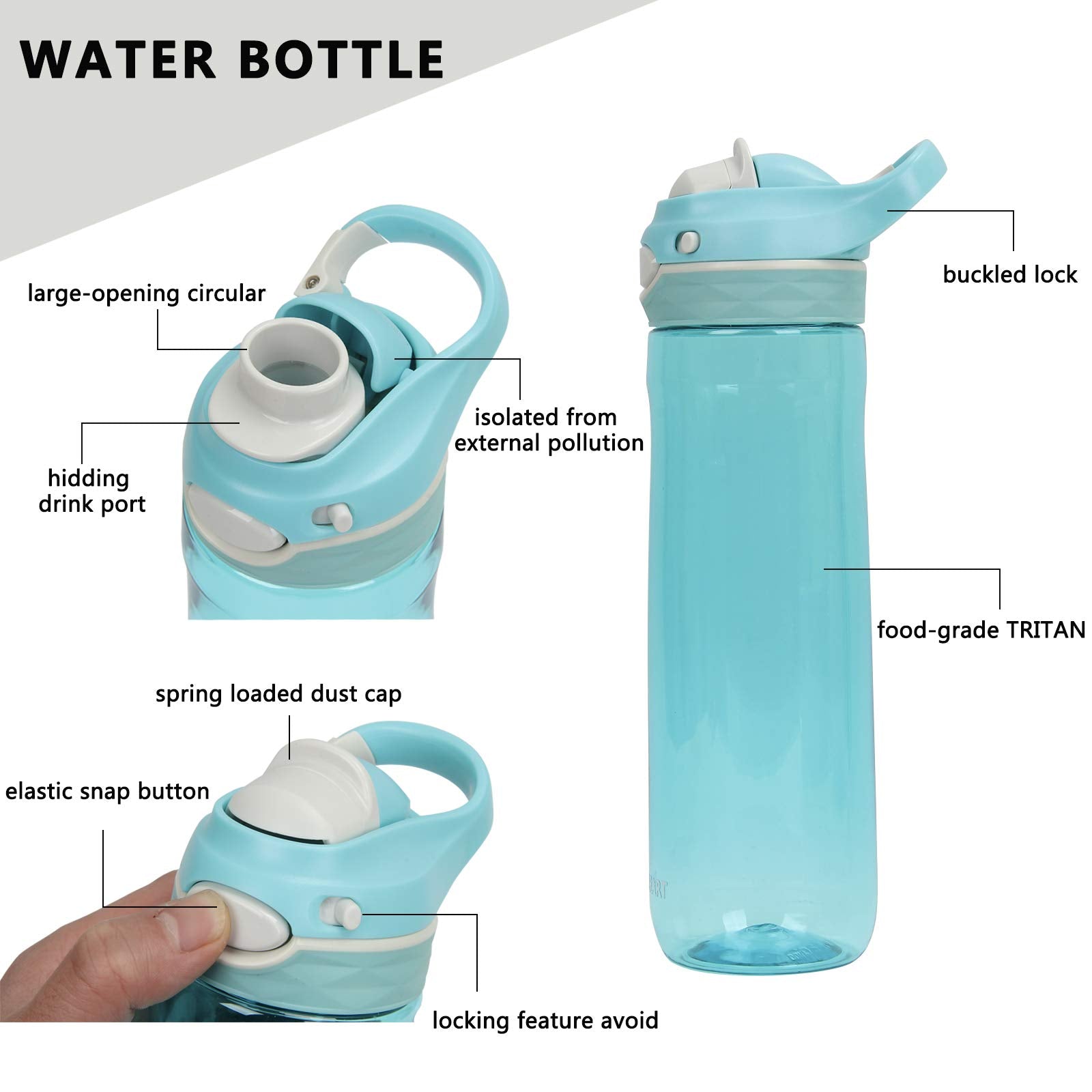DEARART 26oz Sky Blue Water Bottle Without Straw Wide Mouth  AUTOSEAL BPA FREE Leakproof Clear Bottle Has Handle  Easy Carried  Suit School Office Gym Yoga Sports etc.