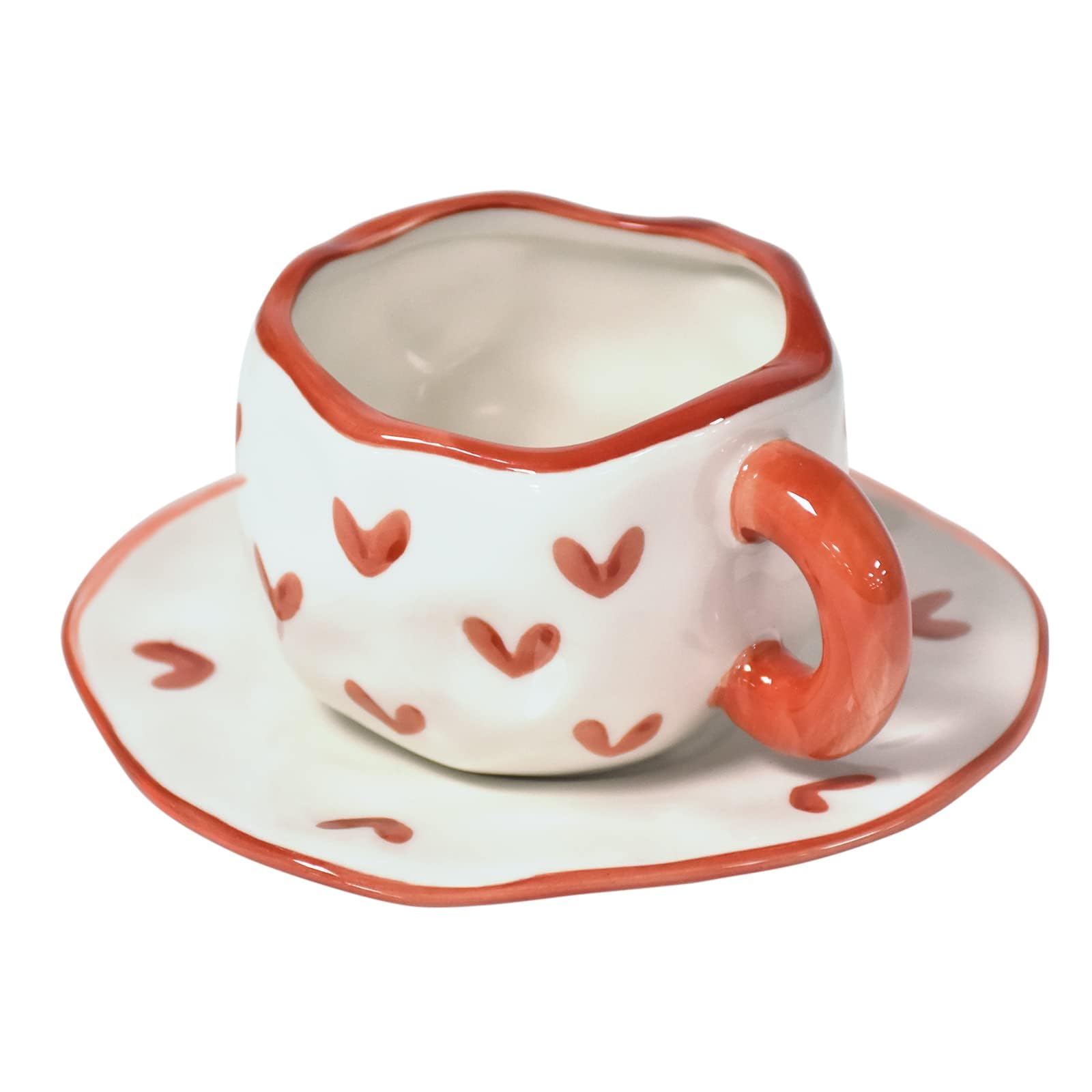 Koythin Ceramic Coffee Mug With Saucer Set, Cute Creative Cup Unique Irregular Design For Office And Home, Dishwasher And Microw