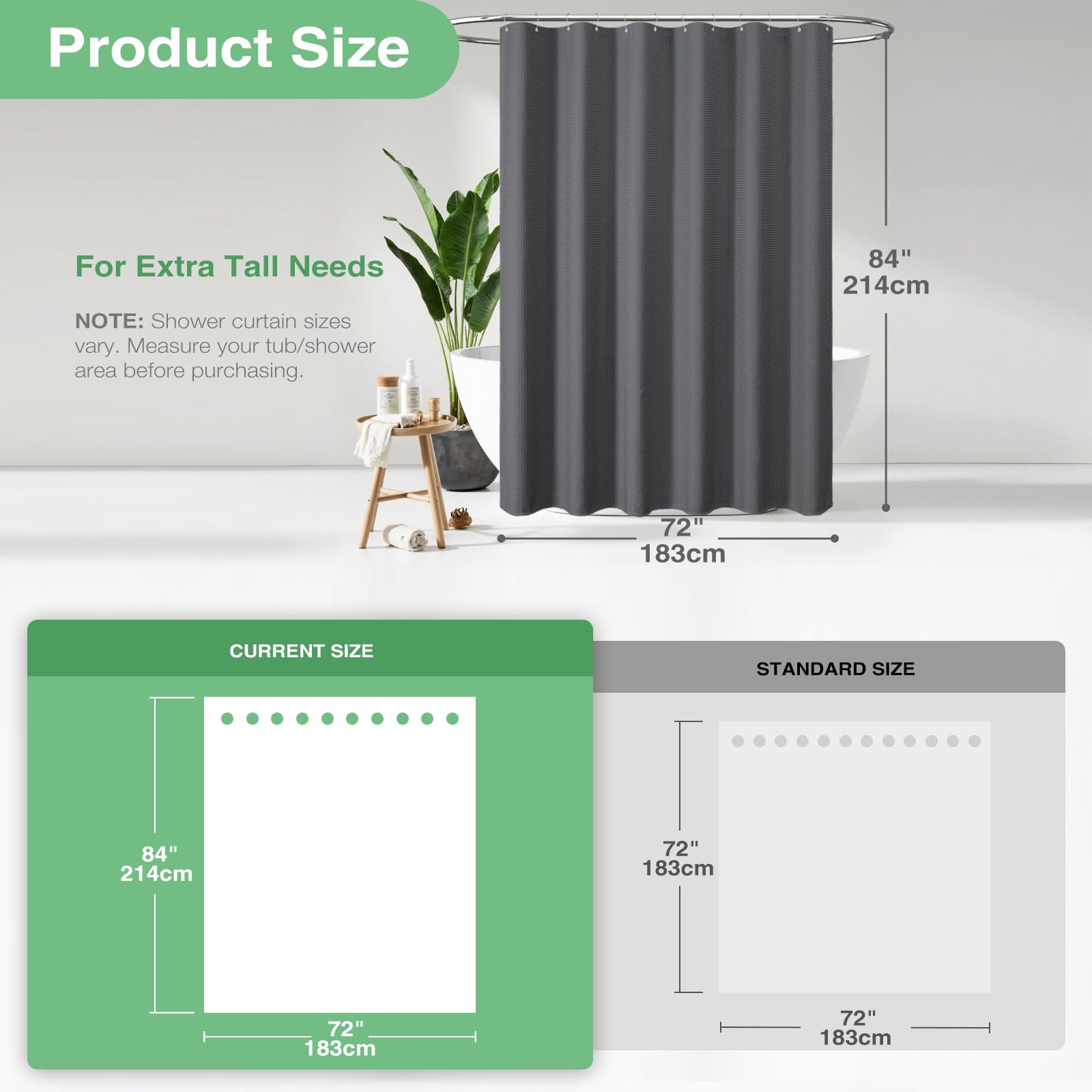 Dynamene Extra Long Shower Curtain - 84 Inch Long Charcoal Grey Waffle Weave Heavy Duty Fabric Bathroom Shower Curtain  Neutral Weighted Hotel Thick Bath Curtain Set with 12 Plastic Hooks 72x84
