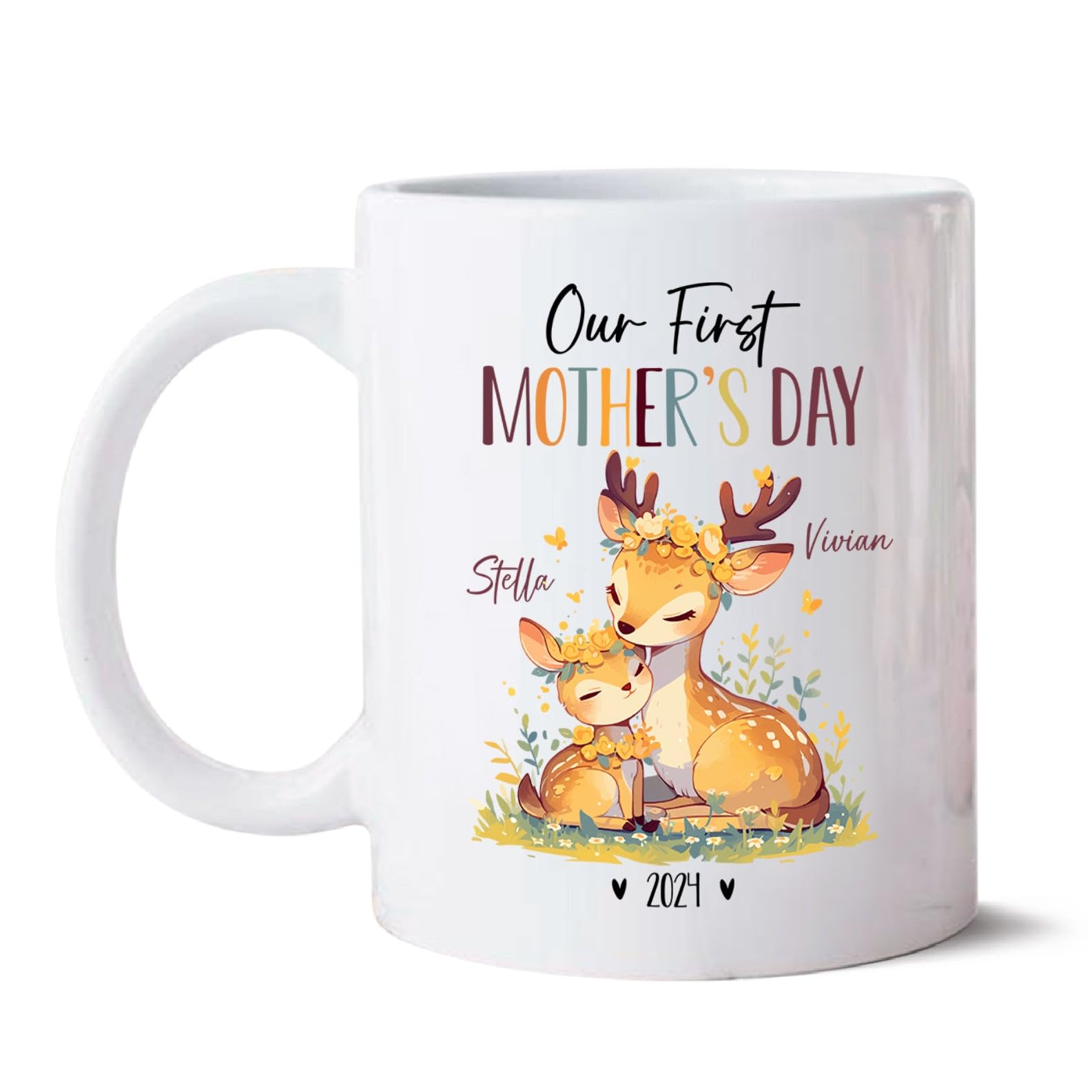 Deers Mug For New Mother And New Born Baby, Personalized Our First Mothers Day Ceramic Mug, Custom Mom & Baby Deer Coffee Cup, M