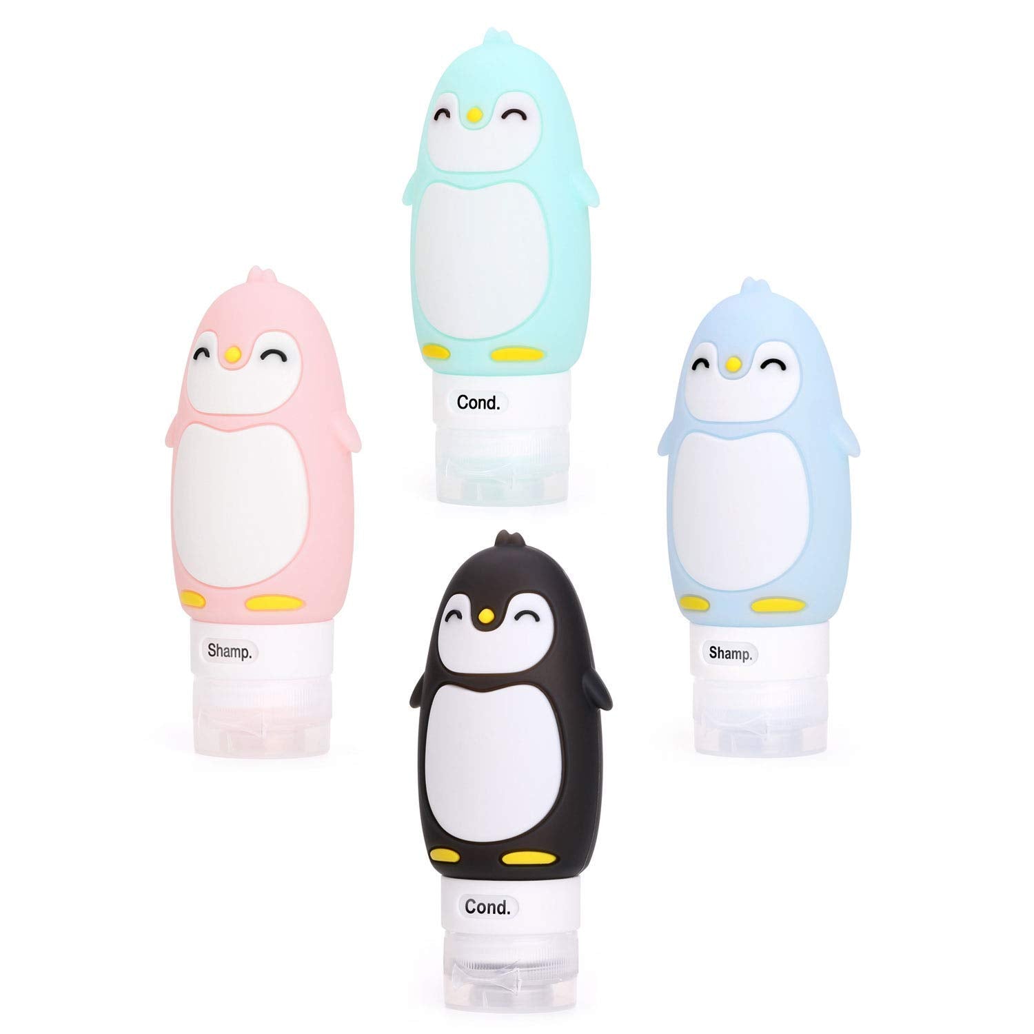 Autens Leakproof Silicone Travel Bottles Accessories Set,3Oz (90Ml) 4 Pack Refillable Cute Penguin Travel Containers For Shampoo
